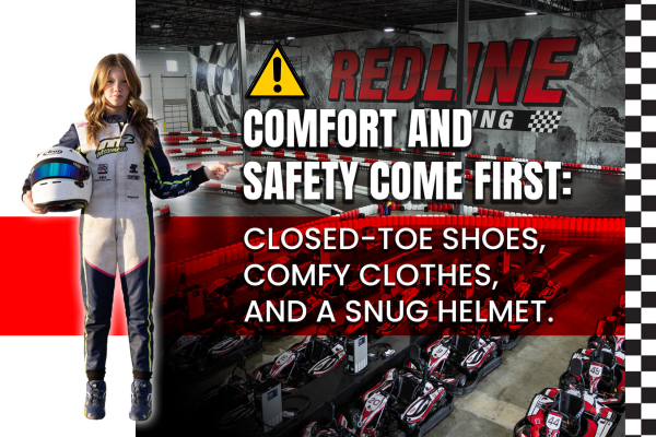 Proper go-kart racing attire and safety gear, including helmet and closed-toe shoes.