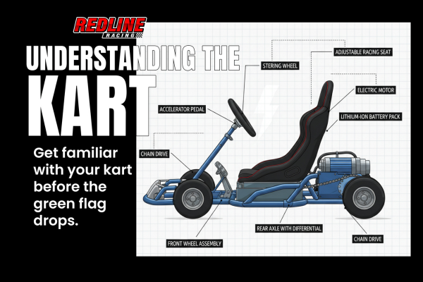 Electric go-kart labeled diagram with pedals and steering wheel.