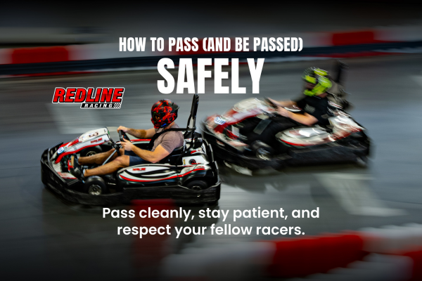 Two go-karts overtaking on indoor track safely.