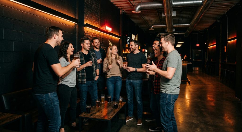 Group celebrating inside a dark industrial venue with warm ambient lighting in Utah County