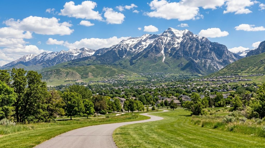 Mount Timpanogos rising above Utah Valley with green foothills and a walking path in the foreground on a clear summer day