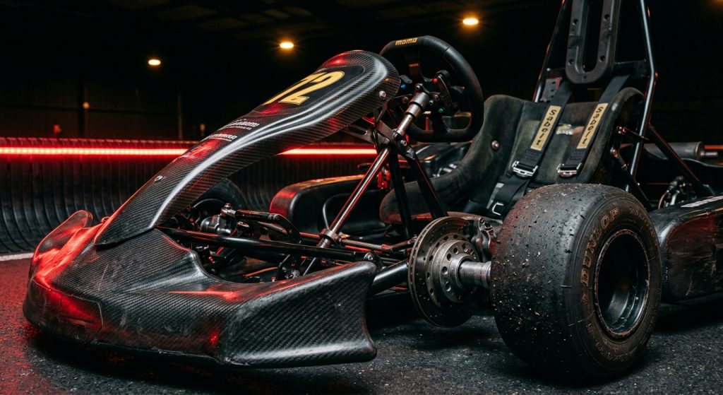 Close-up of electric go-kart chassis and wheel with red LED accent lighting at Redline Racing indoor track in Orem Utah
