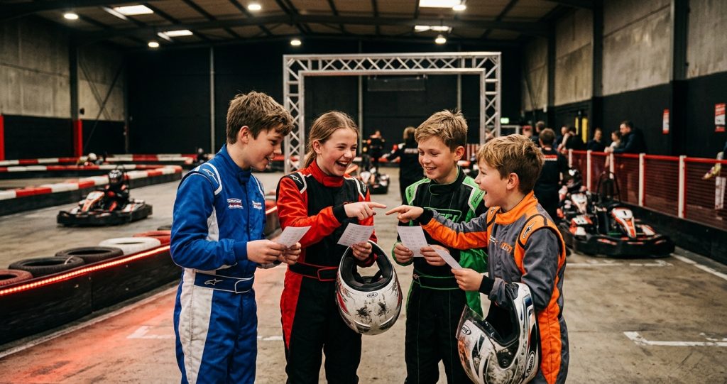 Four kids in racing suits comparing printed lap time cards post-race at an indoor karting facility, one laughing and pointing at a result