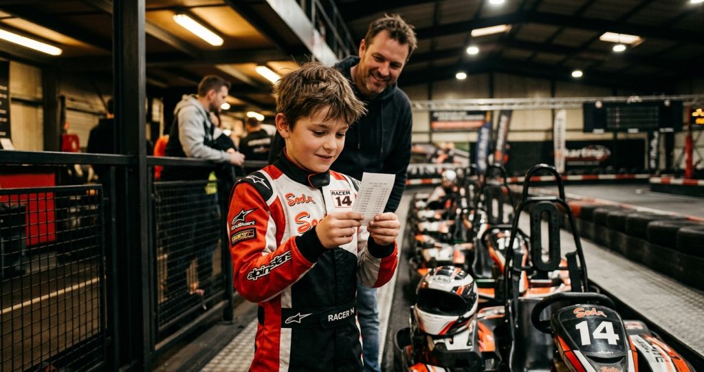 Child in racing suit holding a printed lap time card post-race at an indoor karting facility while a parent looks on with a smile