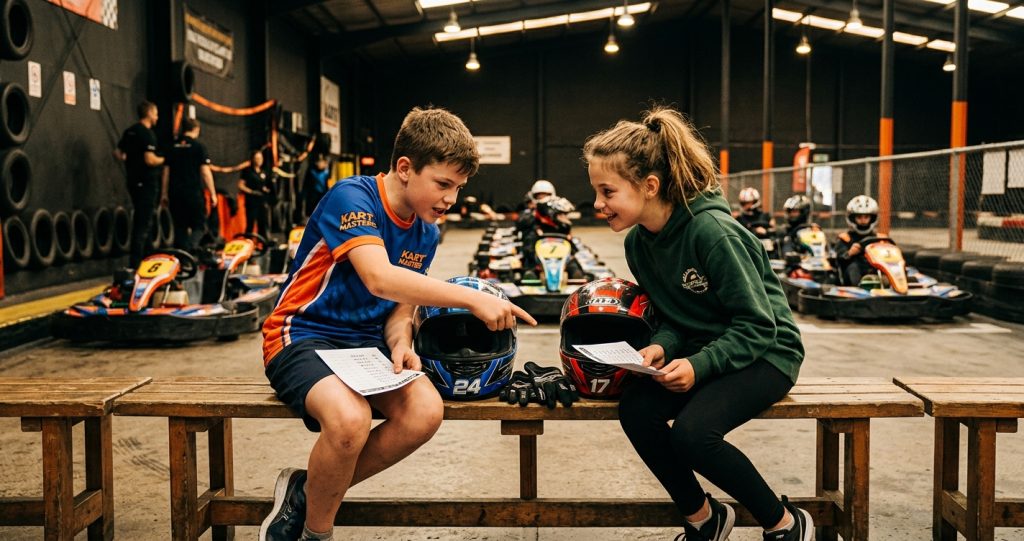 Two kids sitting on benches at an indoor karting facility comparing their printed lap time cards, one pointing at a result with a competitive grin